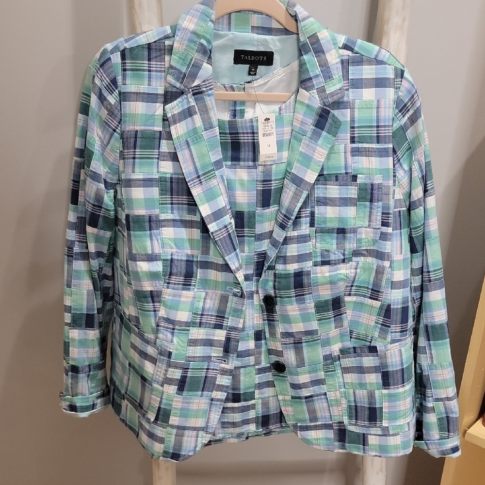Talbots Women's Madras Multicolor Plaid Blazer And Top Set